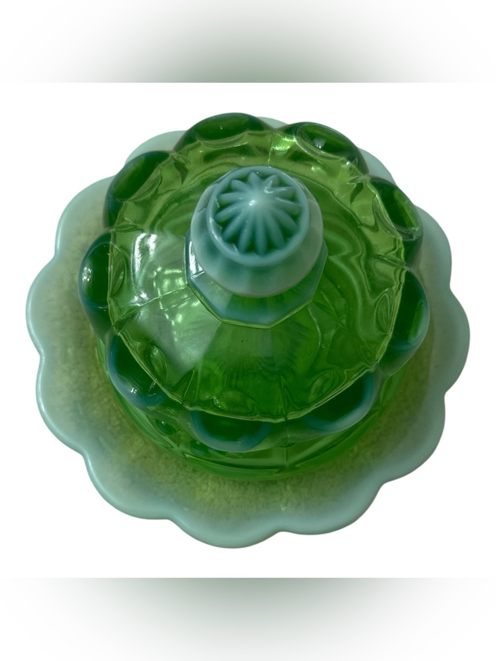 Mosser Glass Cherry Print Vintage Green Glass Covered Butter Dish - Picture 3 of 11